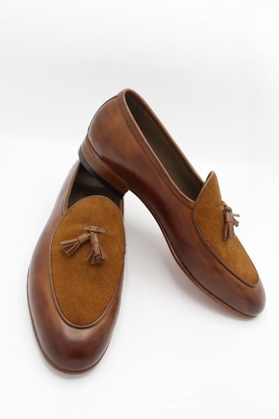 Crafted Leather Brown Leather and Suede Tassel Loafers Dress Shoes For Men