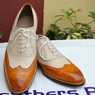Crafted leather brown beige leather oxford wingtip shoes, bespoke handmade men classic dress shoes - Thumbnail 3