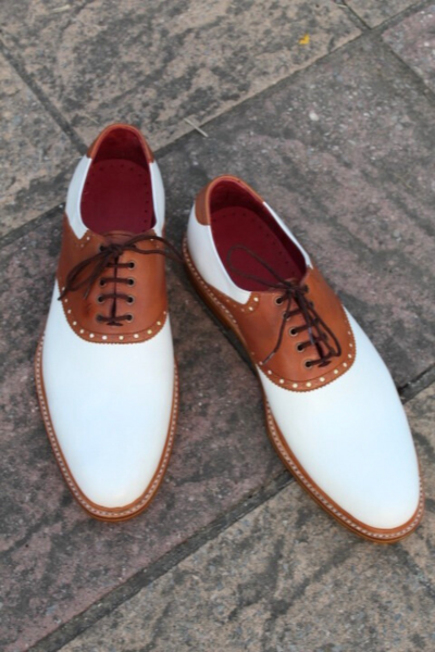 Crafted Leather Men Genuine Brown White Leather Classic Lace up Brogue Dress Oxford Shoes 