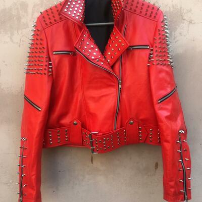 Crafted leather men classy red gothic emo style leather studded jacket with silver studs and spikes