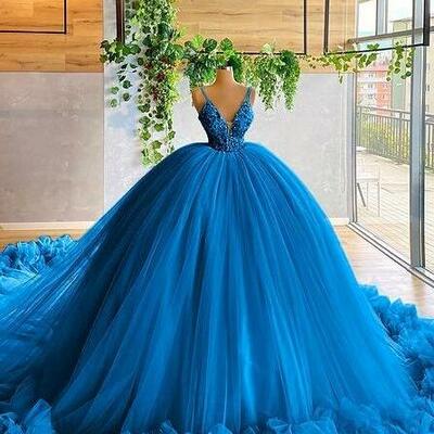 Elegant ball gown blue long prom dresses - Thumbnail 1