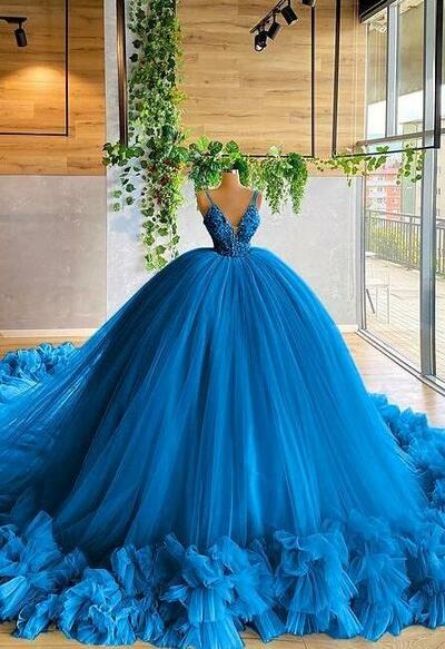 Elegant Ball Gown Blue Long Prom Dresses