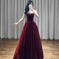 Burgundy Velvet Beaded Long Strapless Prom Dress - Thumbnail 2
