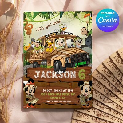 Mickey mouse safari birthday invitation, minnie mouse safari birthday invitation canva editable instant download