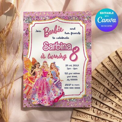 Barbie birthday invitation, barbie princess birthday invitation canva editable instant download