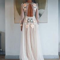 Long Sleeve Prom Dresses Embroidery A-line Chic Long Open Back Sparkly Prom Dress，1709 - Thumbnail 1