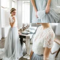 Two Piece Wedding Dresses A-line Sweep Train Lace Simple Tulle Bridal Gown，1708 - Thumbnail 1