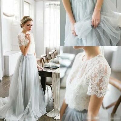 Two piece wedding dresses a-line sweep train lace simple tulle bridal gown，1708 - Thumbnail 2