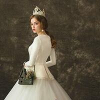 White Deep V-neck Satin Tulle Long Sleeve Wedding Dress，1711 - Thumbnail 1