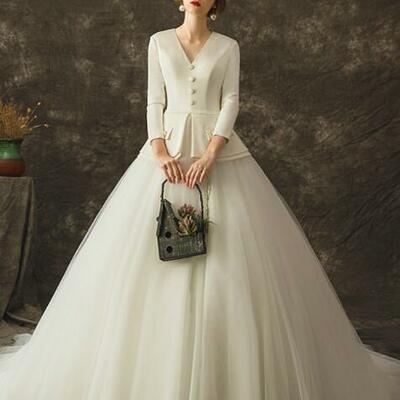 White deep v-neck satin tulle long sleeve wedding dress，1711 - Thumbnail 2