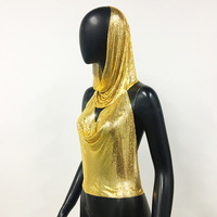 Shine Metallic Hooded Backless Chainmail Crop Top Headscarf - Thumbnail 5