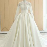 Ivory White Satin High Neck Long Sleeve Wedding Dress With Button，1712 - Thumbnail 1