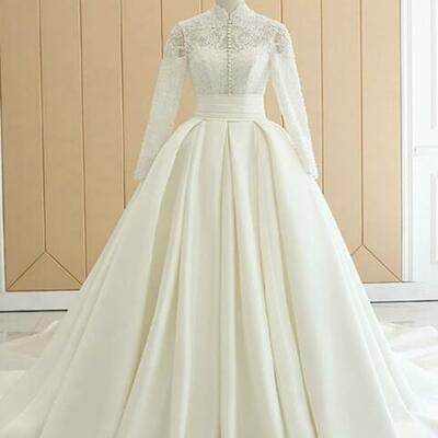 Ivory white satin high neck long sleeve wedding dress with button，1712 - Thumbnail 2