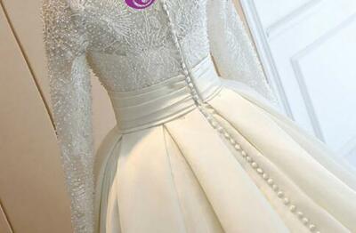 Ivory White Satin High Neck Long Sleeve Wedding Dress With Button，1712