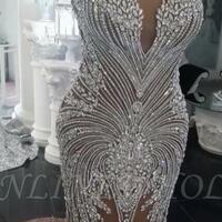 Luxury Crystals Mermaid Wedding Dresses | V-Neck Backless Champagne Bridal Gowns，1714 - Thumbnail 1