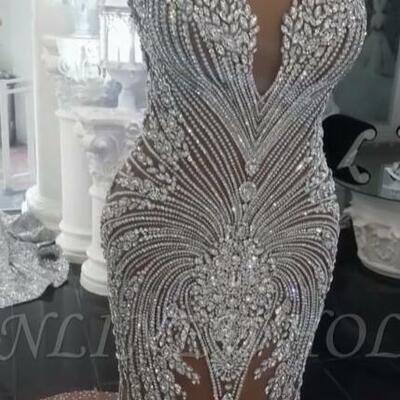 Luxury crystals mermaid wedding dresses | v-neck backless champagne bridal gowns，1714 - Thumbnail 2