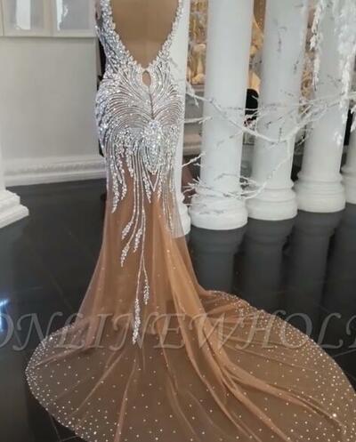 Luxury Crystals Mermaid Wedding Dresses | V-Neck Backless Champagne Bridal Gowns，1714