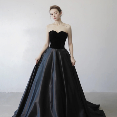 Black velvet and satin long strapless prom dress - Thumbnail 1