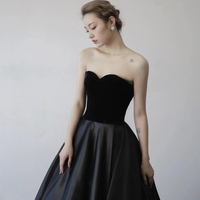 Black Velvet and Satin Long Strapless Prom Dress - Thumbnail 2