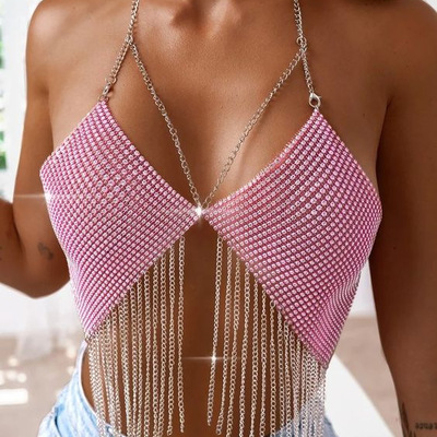 Metallic sequin patchwork halter crop top tassel chest chain