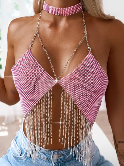 Metallic Sequin Patchwork Halter Crop Top Tassel Chest Chain