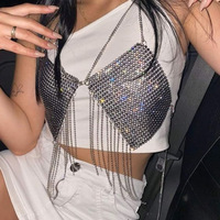 Metallic Sequin Patchwork Halter Crop Top Tassel Chest Chain - Thumbnail 1