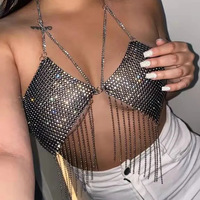 Metallic Sequin Patchwork Halter Crop Top Tassel Chest Chain - Thumbnail 2