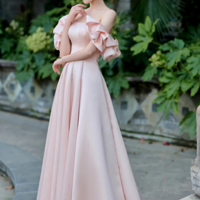 Pink satin floor length prom dress, off the shoulder evening party dress kpp1709