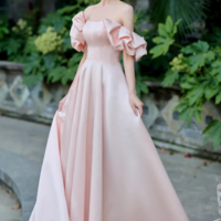 Pink Satin Floor Length Prom Dress, Off the Shoulder Evening Party Dress KPP1709 - Thumbnail 1