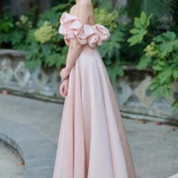 Pink Satin Floor Length Prom Dress, Off the Shoulder Evening Party Dress KPP1709 - Thumbnail 3