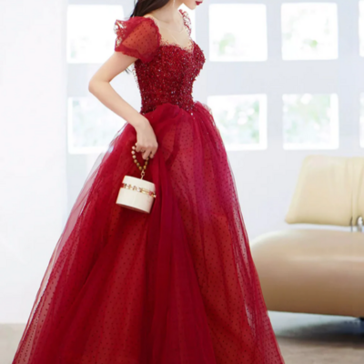 Burgundy tulle sequins long prom dress, a line scoop neckline evening party dress kpp1710 - Thumbnail 1