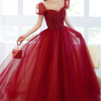 Burgundy Tulle Sequins Long Prom Dress, A Line Scoop Neckline Evening Party Dress KPP1710 - Thumbnail 1