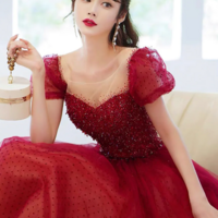 Burgundy Tulle Sequins Long Prom Dress, A Line Scoop Neckline Evening Party Dress KPP1710 - Thumbnail 2