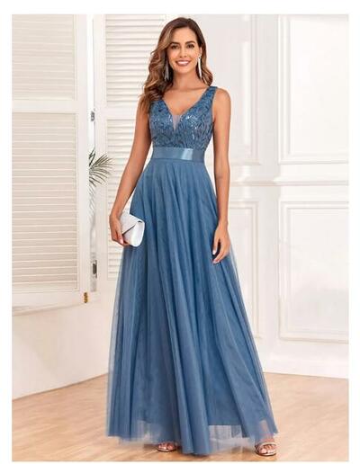 Blue Mother of the Bride /Groom Dresses  V Neck Evening Dress Prom Gowns