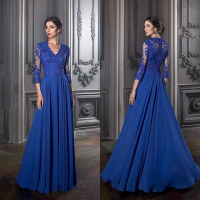 Elegant blue mother of the bride dresses long sleeves lace exquisite chiffon a line wedding party guest evening prom gowns