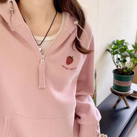 Strawberry Embroidery Half Zip Hoodie Sweatshirt - Thumbnail 6