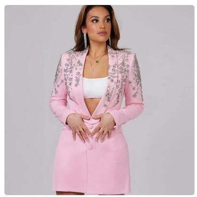 Pink women blazer custom made suit jackets slim fit crystal beaded wedding guest wear single breasted coat long mother's dress