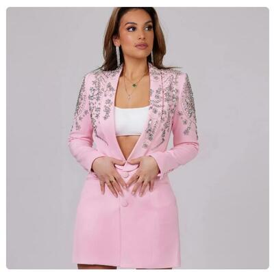 Pink Women Blazer Custom Made Suit Jackets Slim Fit Crystal Beaded Wedding Guest Wear Single Breasted Coat Long Mother's Dress