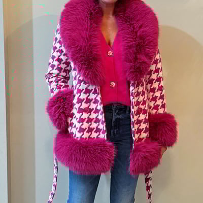 Pink houndstooth fur coat