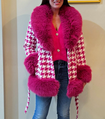 Pink Houndstooth Fur Coat