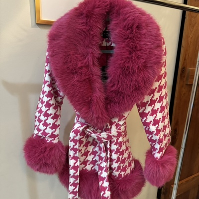Pink houndstooth fur coat