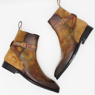 Crafted leather handmade men custom made denim brown suede patina leather jodhpur ankle high monk boots - Thumbnail 4