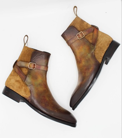 Crafted Leather Handmade Men Custom Made Denim Brown Suede Patina Leather Jodhpur Ankle High Monk Boots