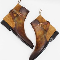 Crafted Leather Handmade Men Custom Made Denim Brown Suede Patina Leather Jodhpur Ankle High Monk Boots - Thumbnail 1