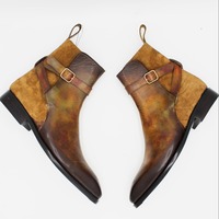 Crafted Leather Handmade Men Custom Made Denim Brown Suede Patina Leather Jodhpur Ankle High Monk Boots - Thumbnail 3