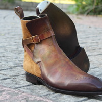 Crafted Leather Handmade Men Custom Made Denim Brown Suede Patina Leather Jodhpur Ankle High Monk Boots - Thumbnail 4