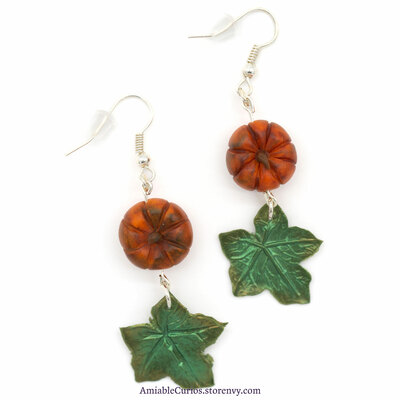 Orange pumpkin Earrings with green leaves, silver color, original jewelry polymer clay