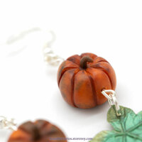Orange pumpkin Earrings with green leaves, silver color, original jewelry polymer clay - Thumbnail 4
