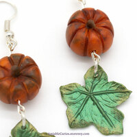 Orange pumpkin Earrings with green leaves, silver color, original jewelry polymer clay - Thumbnail 2