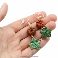 Orange pumpkin Earrings with green leaves, silver color, original jewelry polymer clay - Thumbnail 1